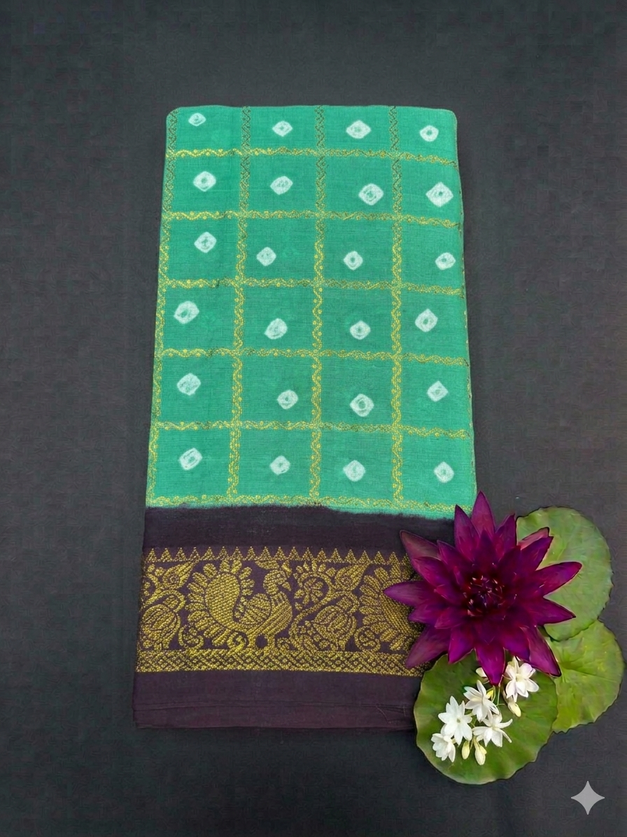Handknot Saree with Kaikattu Design - Green