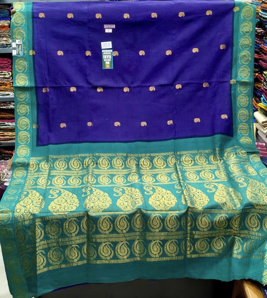 Royal Blue Madurai Sungudi Jari Butta Cotton Saree with Sea Green Mango Zari Border