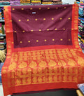 Deep Maroon Madurai Sungudi Jari Butta Cotton Saree with Coral Red Zari Border