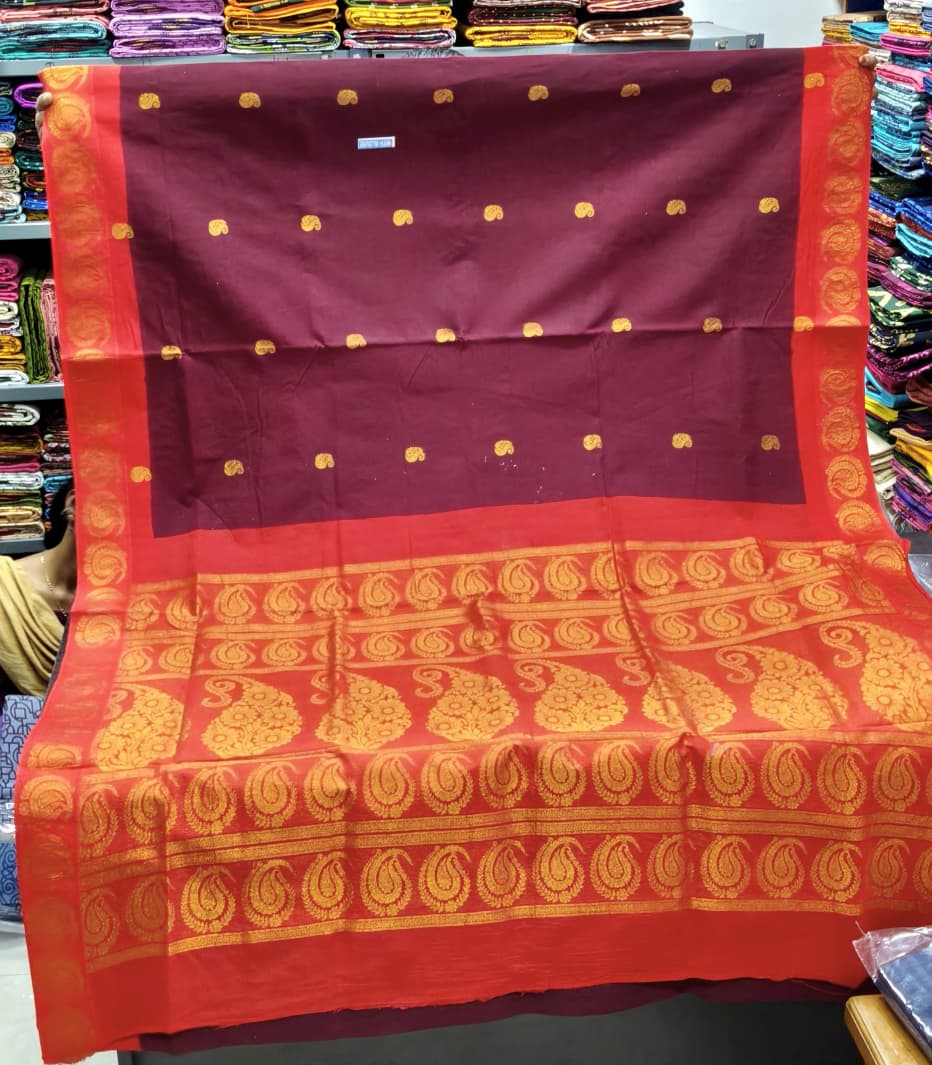 Deep Maroon Madurai Sungudi Jari Butta Cotton Saree with Coral Red Zari Border