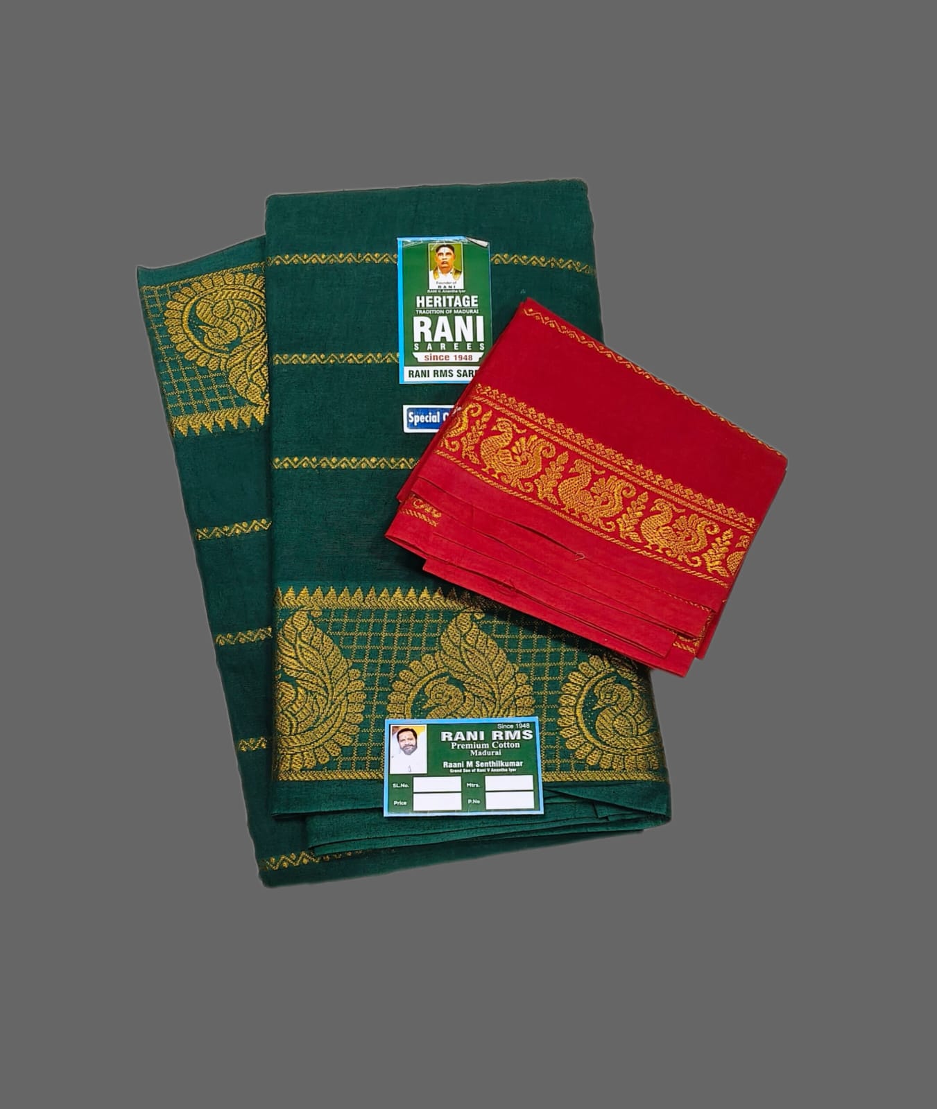 Dark Green Madurai Sungudi Jari Veldhari Cotton Saree with Peacock Zari Border