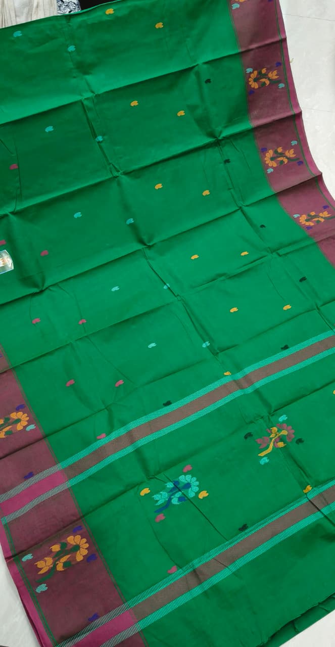 Kanchi Cotton - Rich Cotton - Leaf Green - Maroon border - R1614K/01