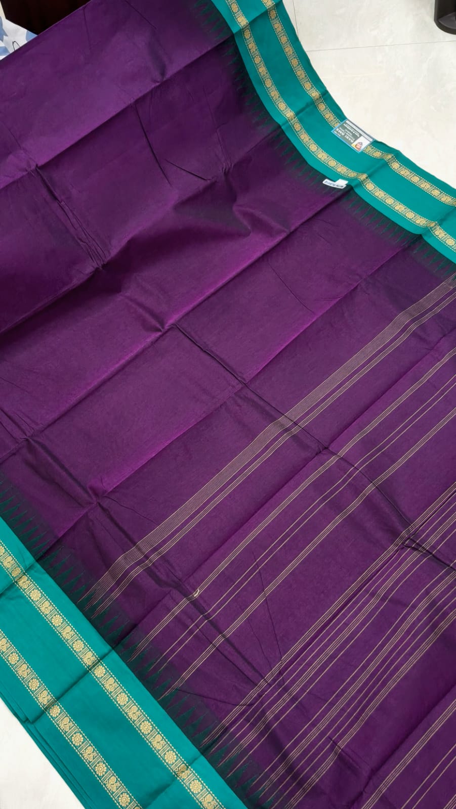 Kanchi Cotton - Rich Cotton - Deep Violet - Big Green Border - R1614K/01
