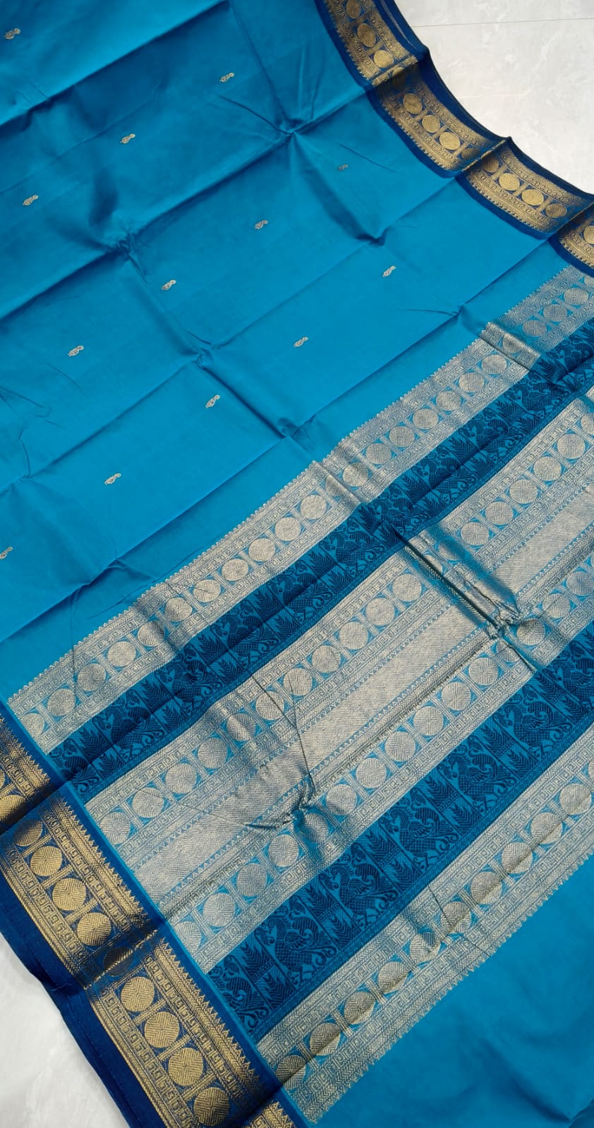 Kanchi Cotton - Rich Cotton - Blue - Yellow Jari Border