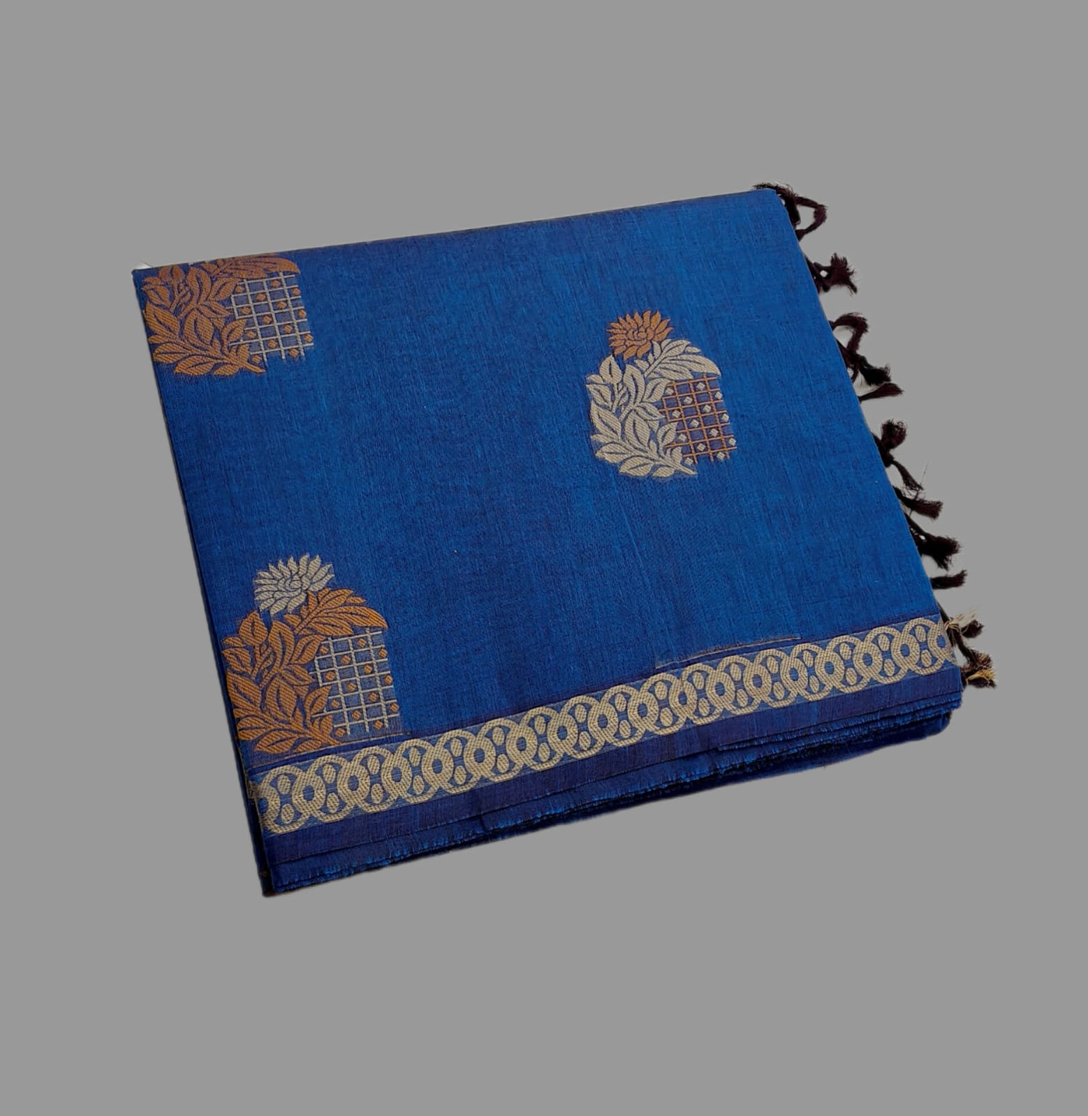 Negamam Cotton - Royal Blue - Peach Border with Floral Pattern