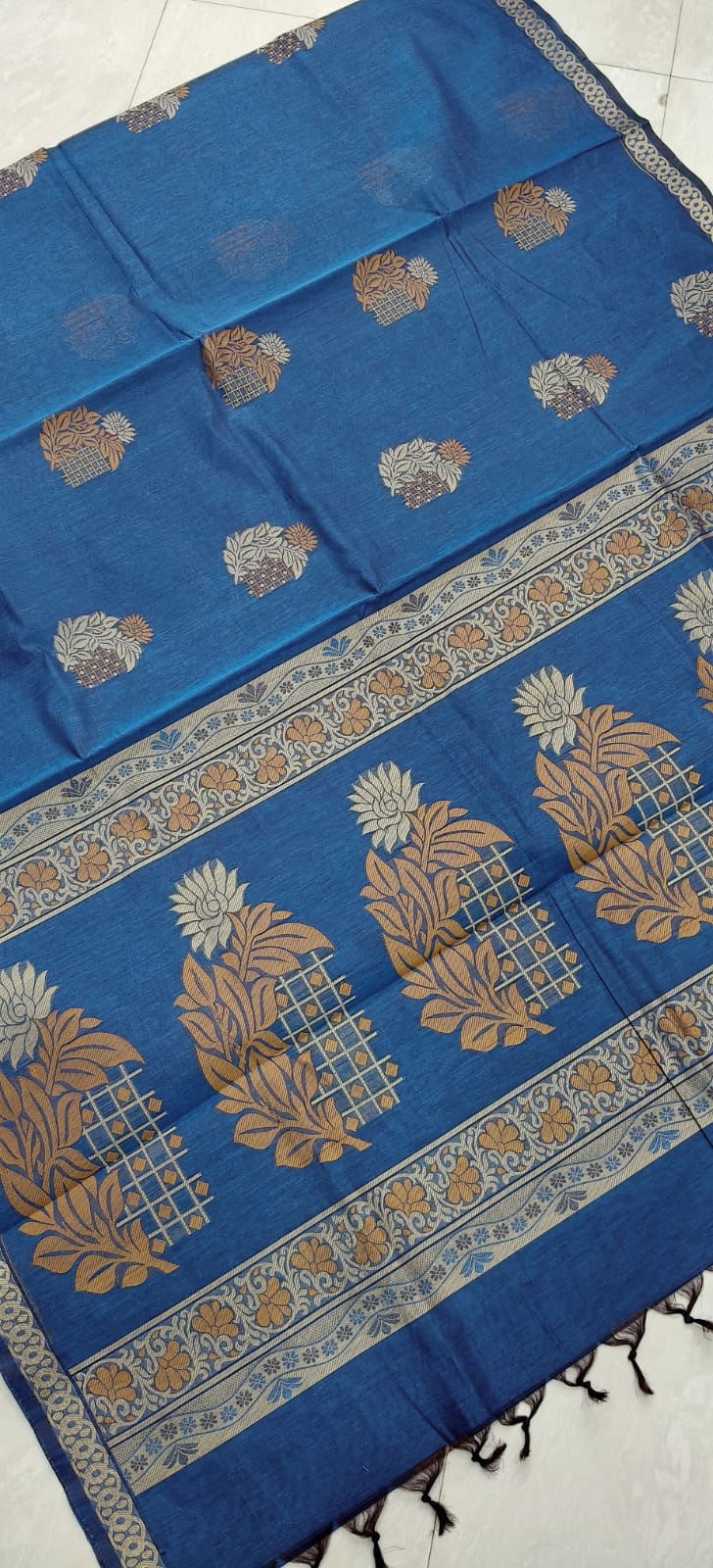 Negamam Cotton - Royal Blue - Peach Border with Floral Pattern