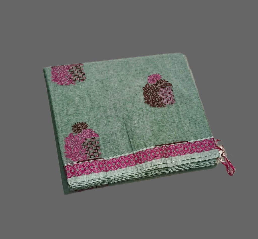 Elaichi Green Negamam Handloom Cotton Saree with Rani Pink Floral Motifs