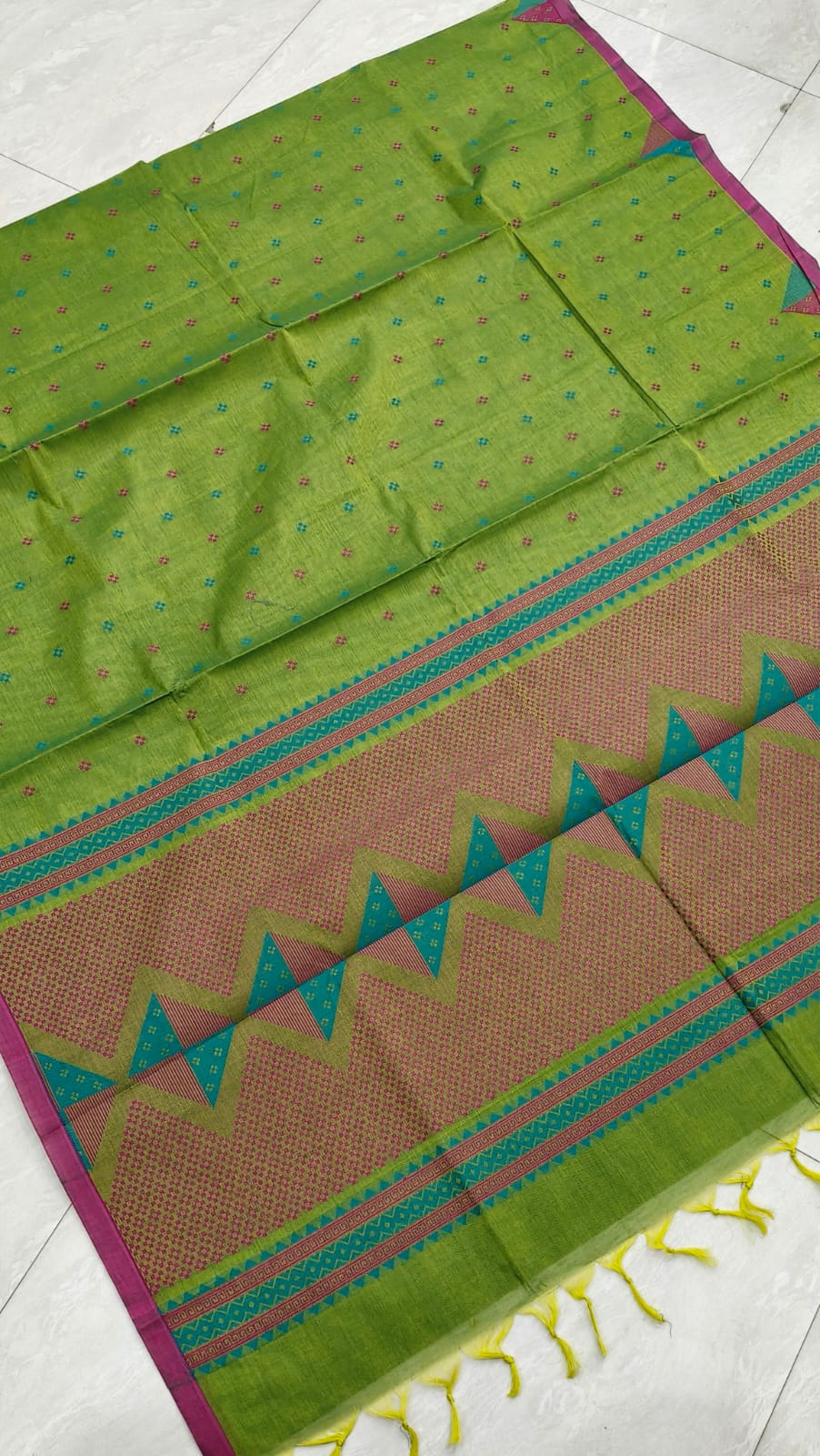 Negamam Cotton - Green - Magenta Pink Border
