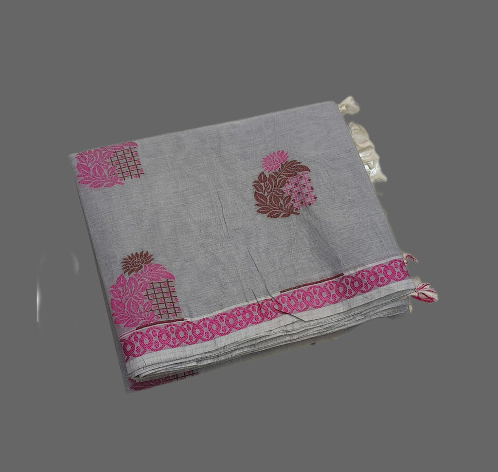 Dove Grey Negamam Handloom Cotton Saree with Bright Pink Floral Motifs