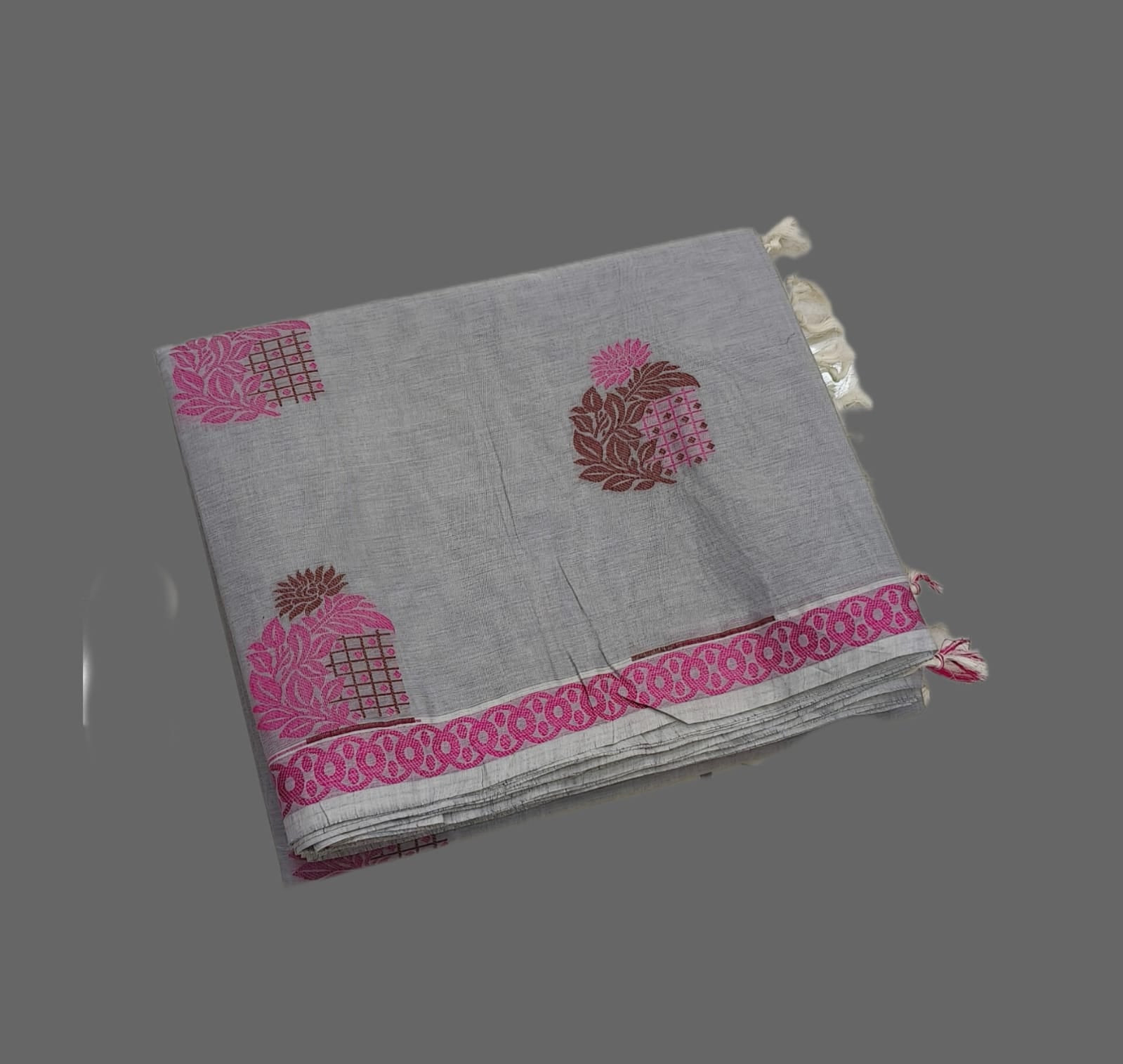 Dove Grey Negamam Handloom Cotton Saree with Bright Pink Floral Motifs
