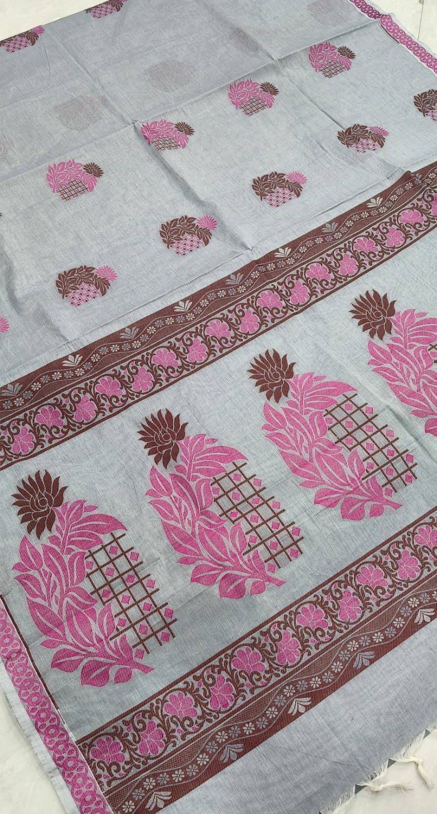 Dove Grey Negamam Handloom Cotton Saree with Bright Pink Floral Motifs