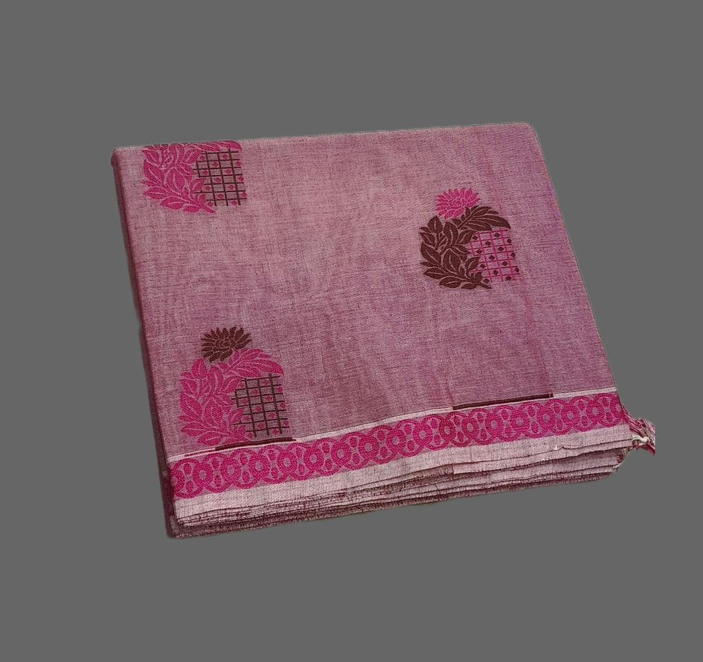 Rose Pink Negamam Handloom Cotton Saree with Magenta Floral Motifs