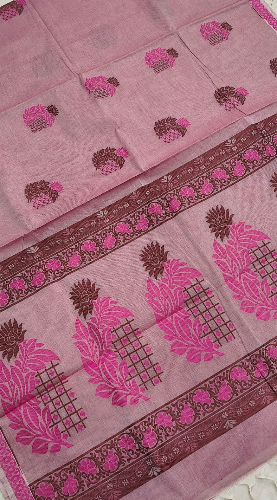 Rose Pink Negamam Handloom Cotton Saree with Magenta Floral Motifs