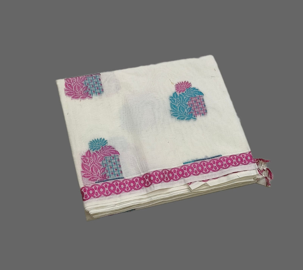 Off-White Negamam Handloom Cotton Saree with Peacock Blue & Pink Floral Motifs