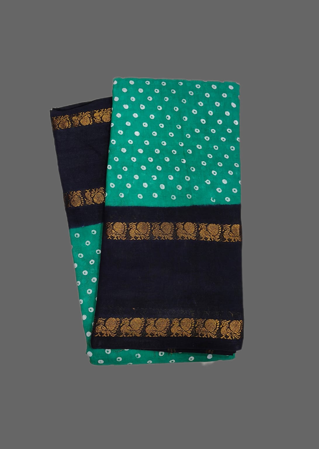 Green Madurai Sungudi Cotton Saree with Contrast Dark Navy Blue Rettapet Border
