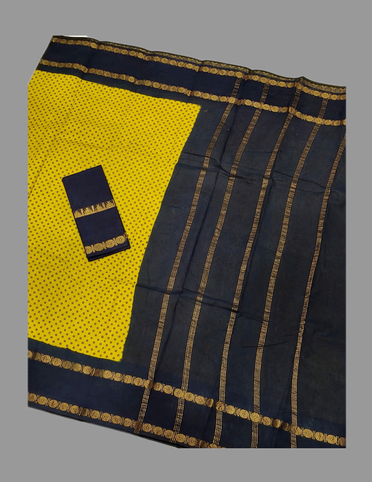 Bright Yellow Madurai Sungudi Cotton Saree with Dark Blue Contrast Rettapet Border