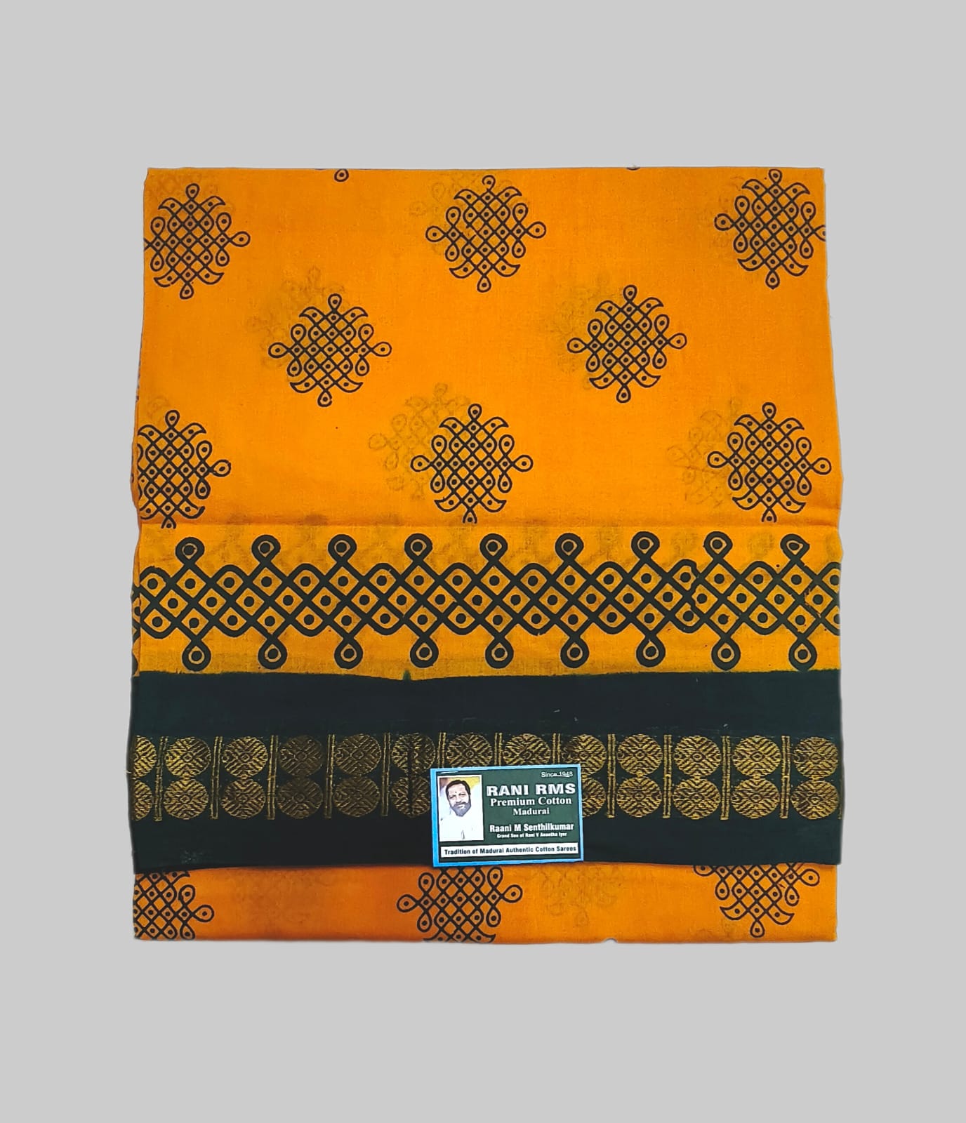 Sungudi Saree - Block Print - Mustard - Kolam - Rangoli