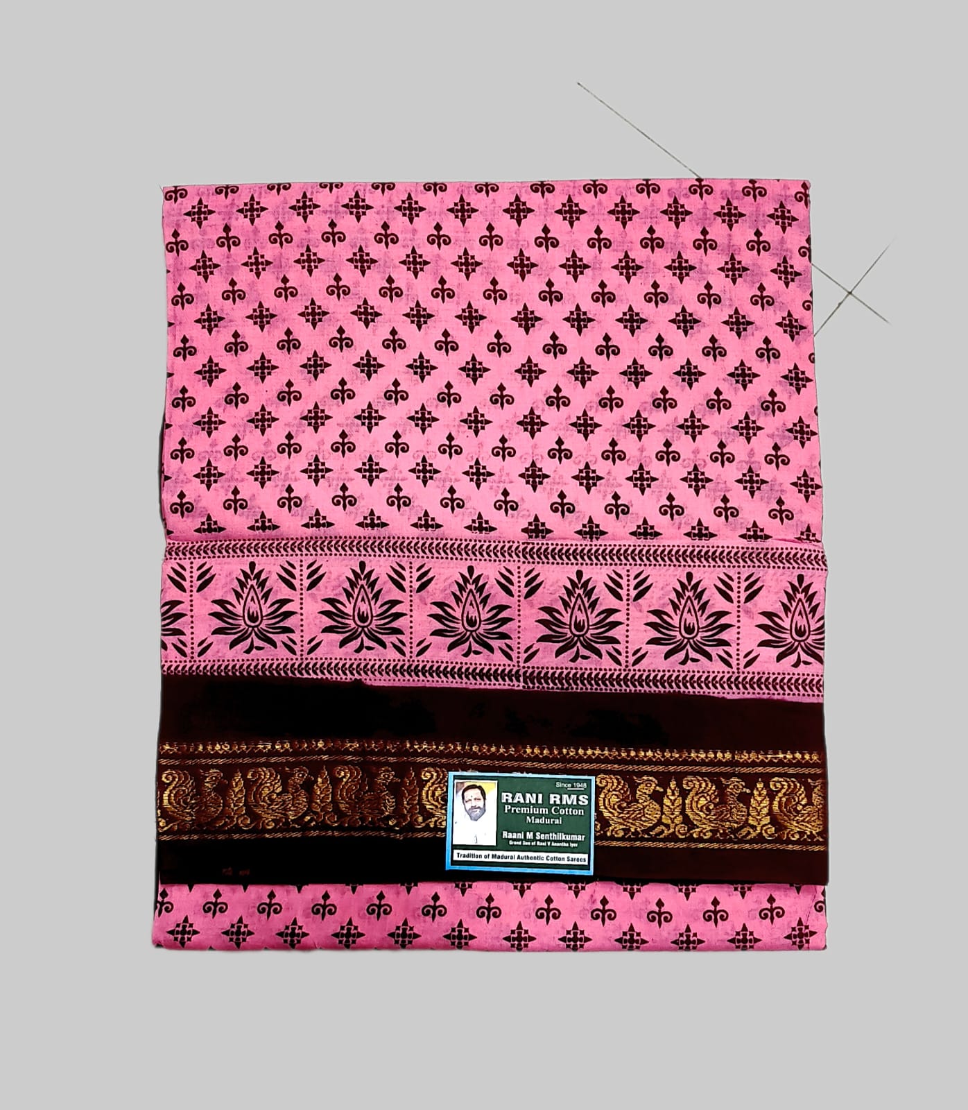 Sungudi Saree - Block Print - Bright Rose - Diamond Star Pattern