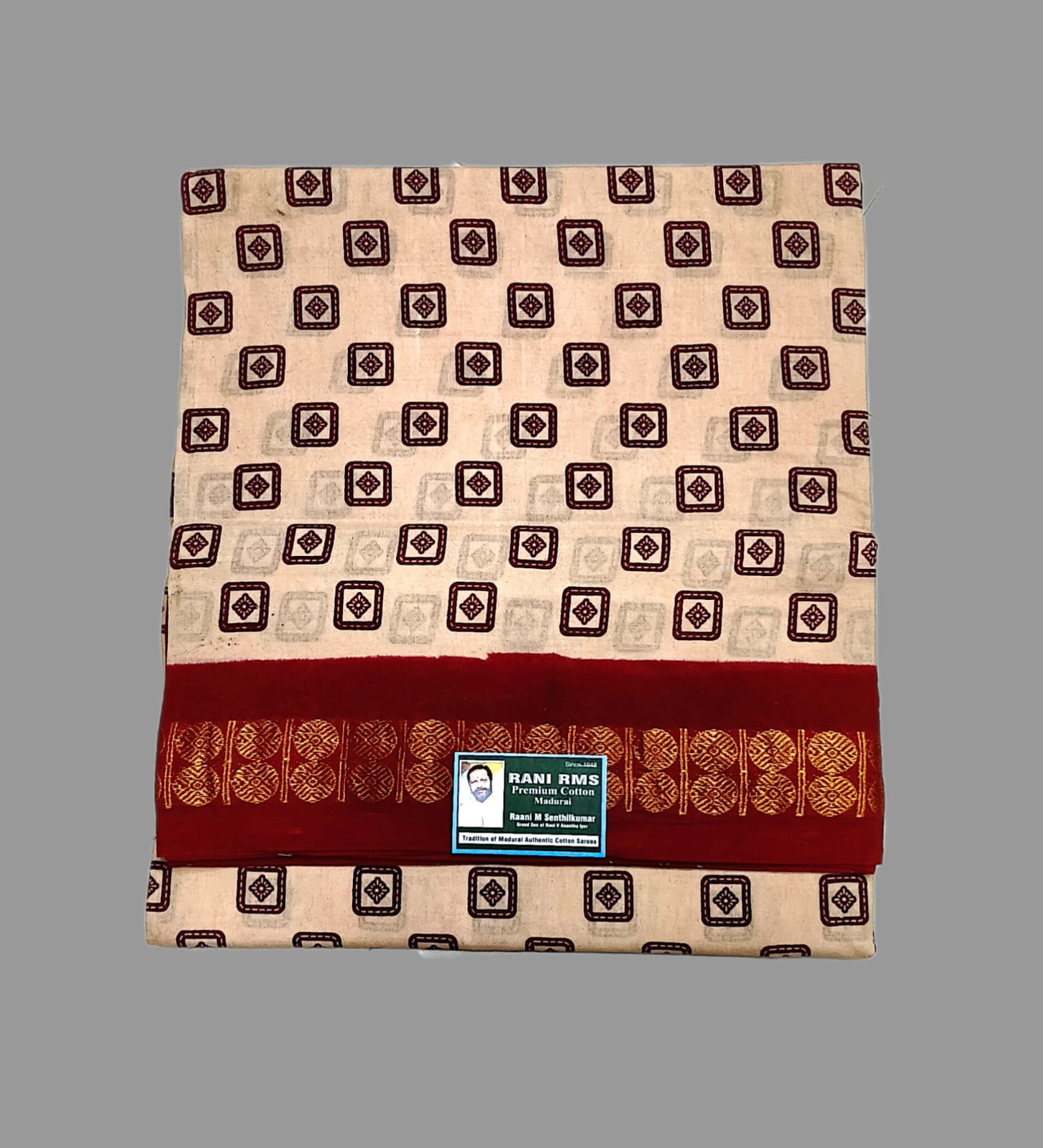Sungudi Saree - Block Print - Off White - Diamond Outline