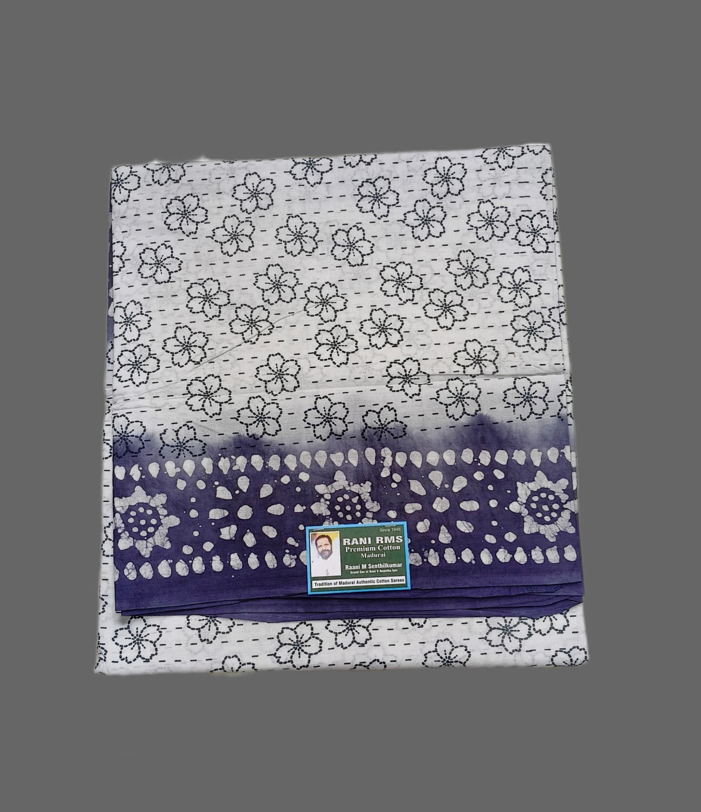 Off-White Madurai Sungudi Cotton Saree with Indigo Blue Batik Print