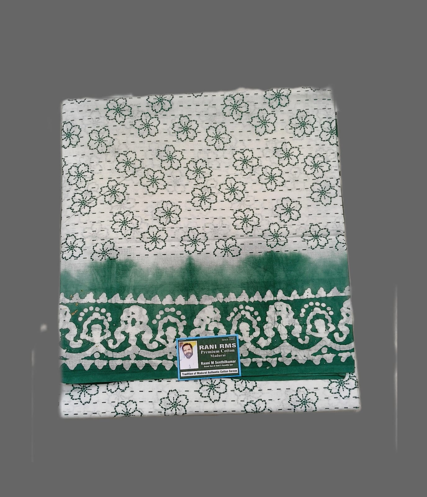 Off-White Madurai Sungudi Cotton Saree with Green Floral Batik Print