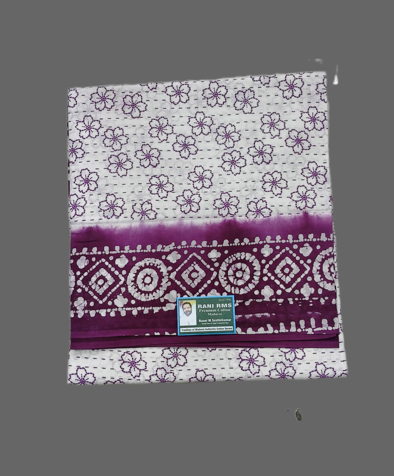 Off-White Madurai Sungudi Cotton Saree with Deep Purple Floral Batik Print