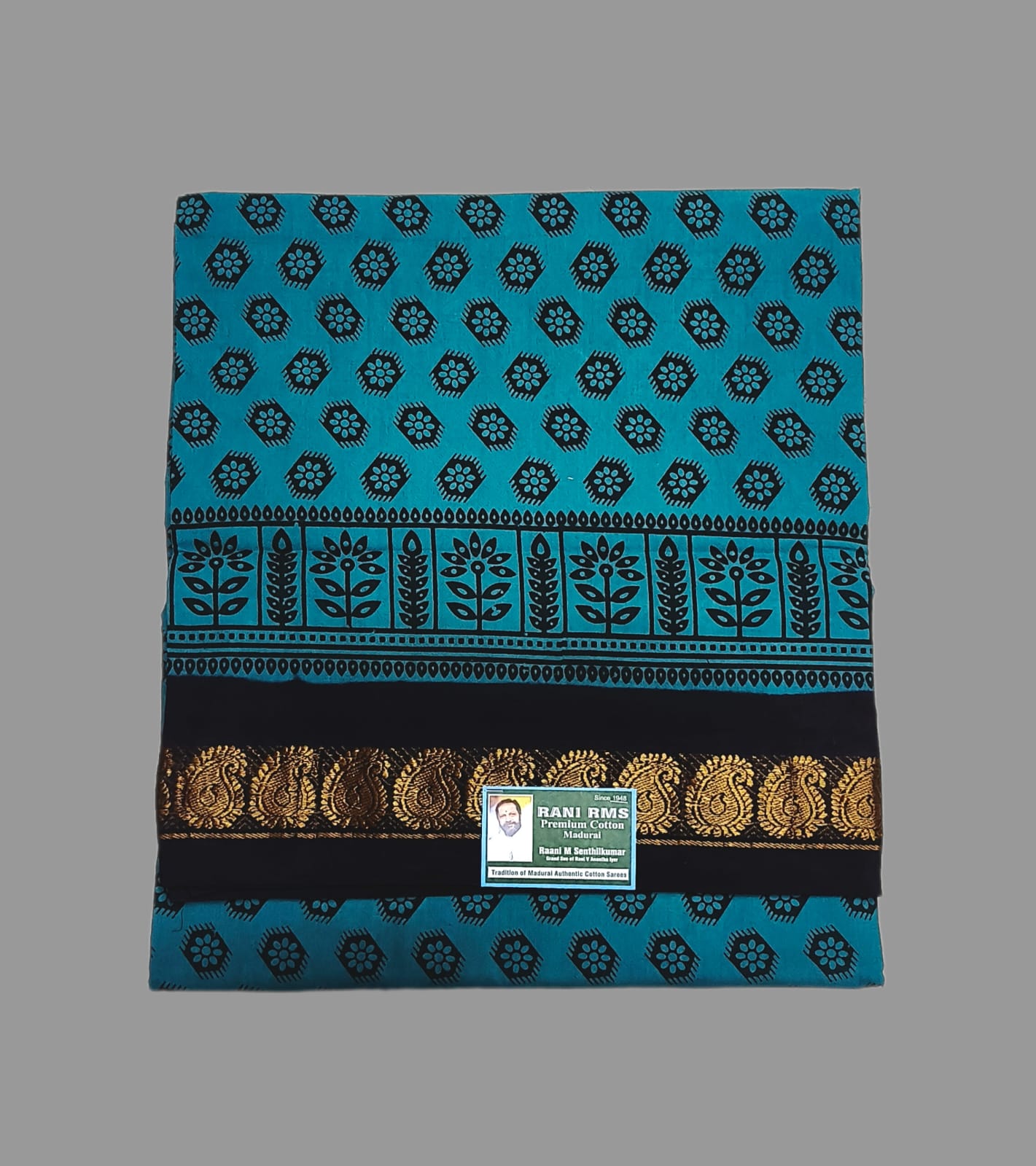 Sungudi Saree - Block Print - Peacock Blue - Floral Motifs
